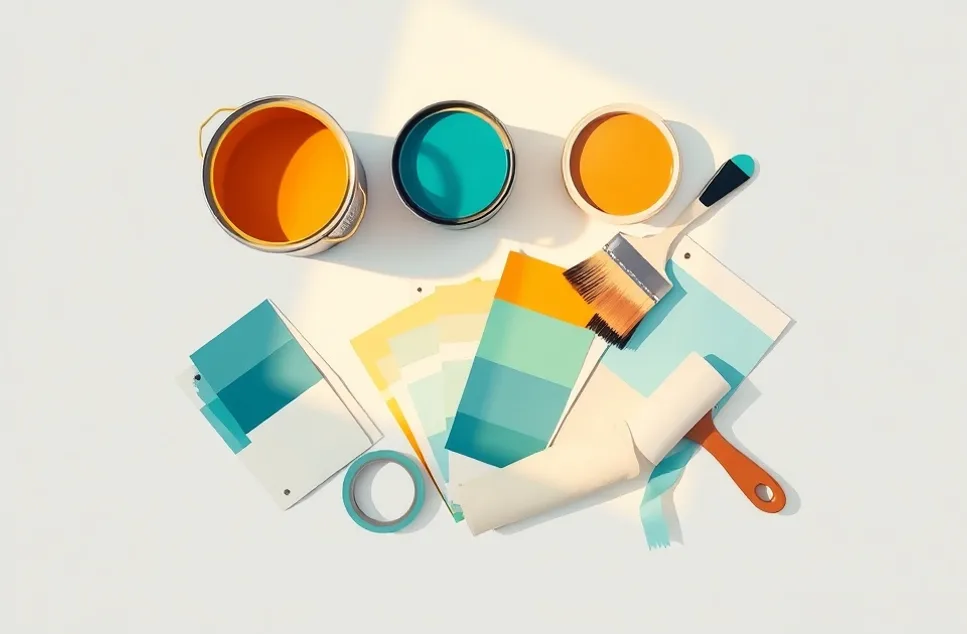 Pots de peinture, nuancier, brosses et rouleaux disposés à plat
