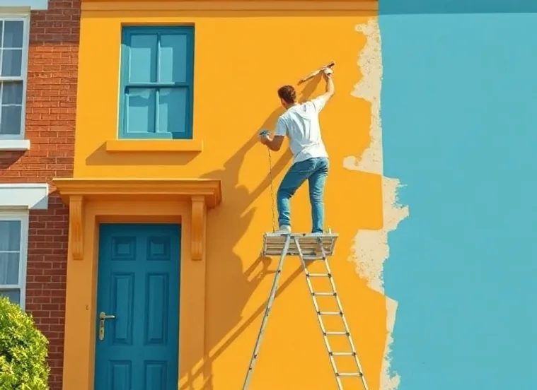 Peintre sur échafaudage traitant la façade d'une maison