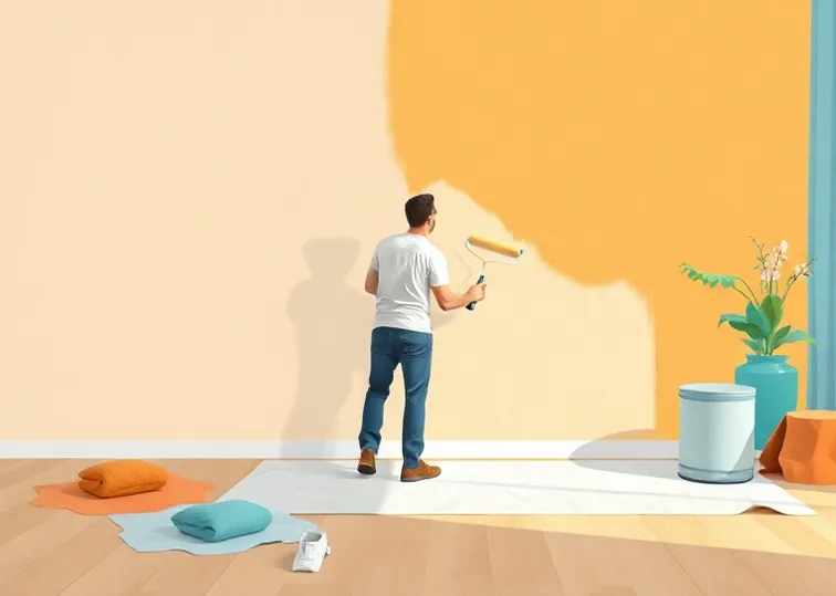 Peintre appliquant la peinture au rouleau sur un mur de salon